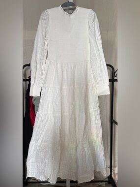 Long White Tiered Dress with Smocked Bodice
